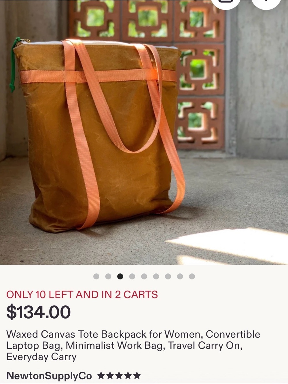 Canvas Tote Bag with Coral Straps - Brown and Coral 16 by 16